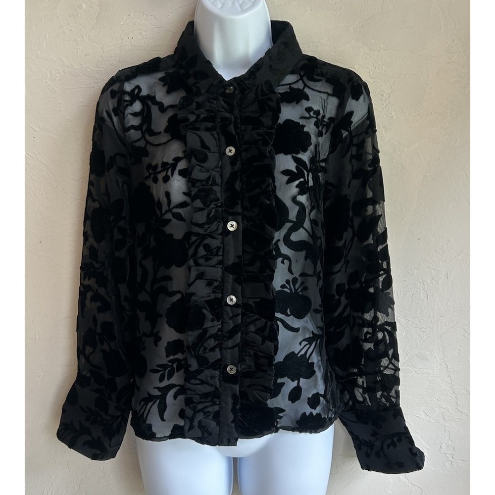 Gretchen Scott Ruffle‎ Rumble Blouse S Black Floral Burnout Velvet Sheer Luxury